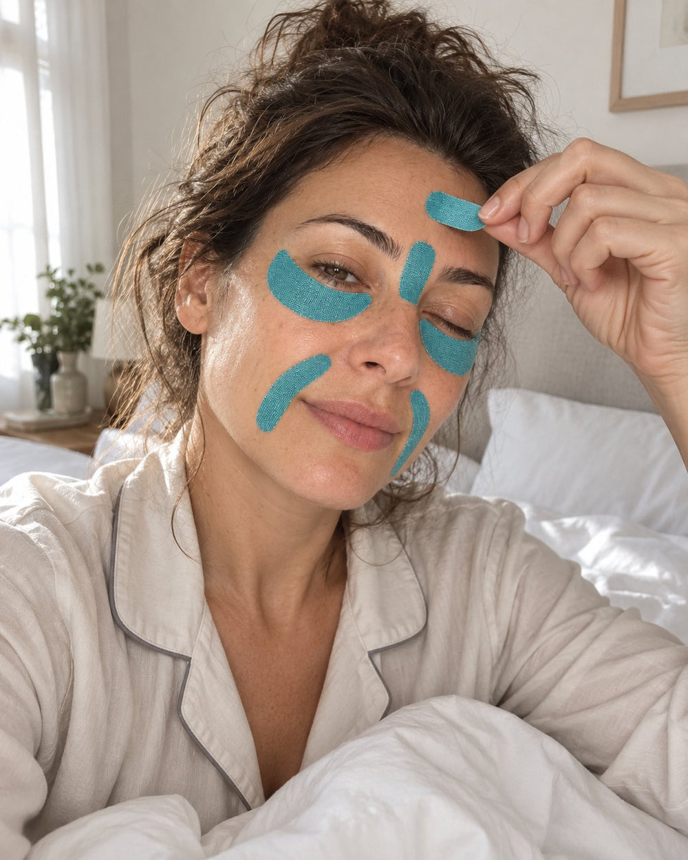 Mujer por la mañana despegándose una cinta facial de la frente